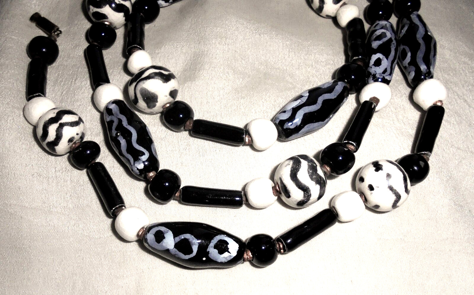 Vintage Black and Cream Glazed Enamel Ceramic Bead Necklace
