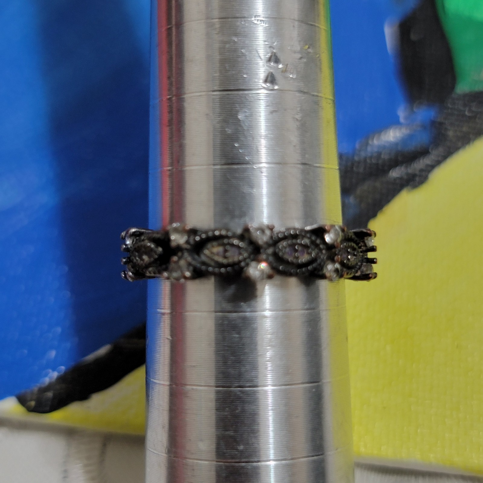 RARE black ruthenium-plated sterling wedding band with clear stones size 8.5