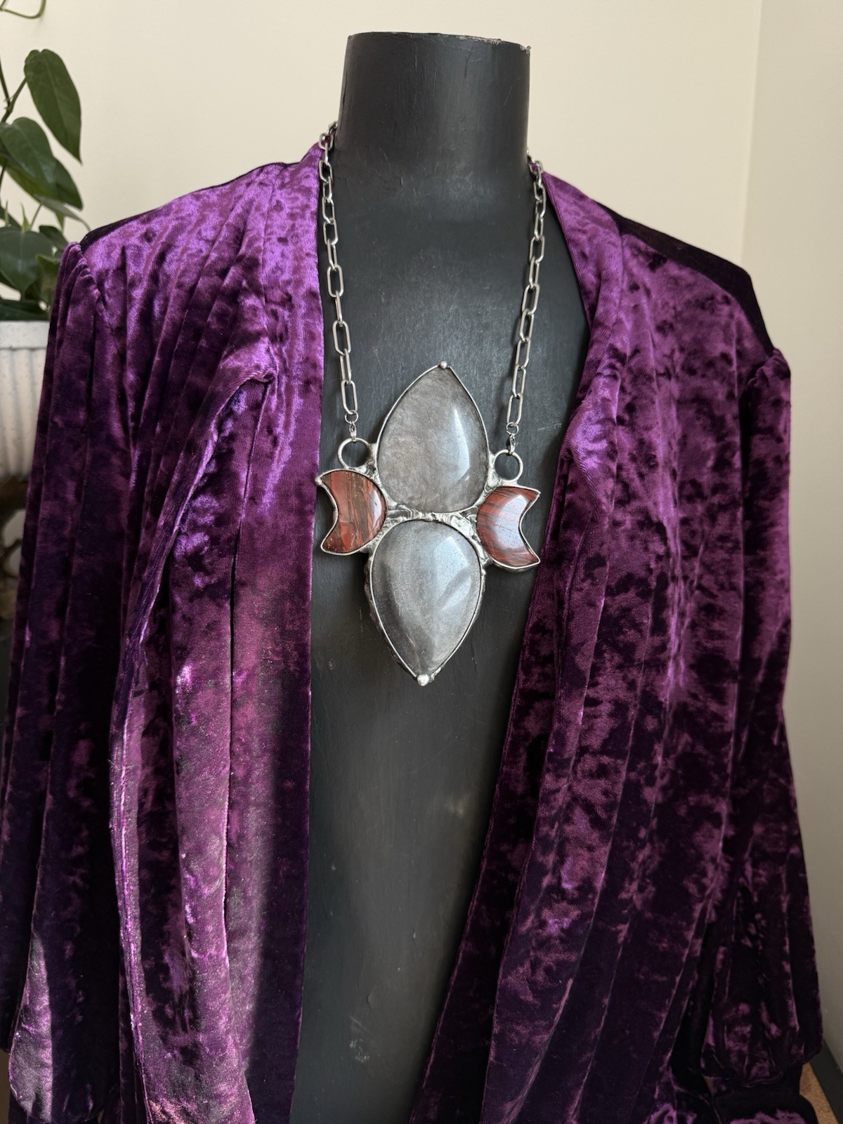 Obsidian Jasper Crystal statement necklace pendant chunky jewelry southern goth