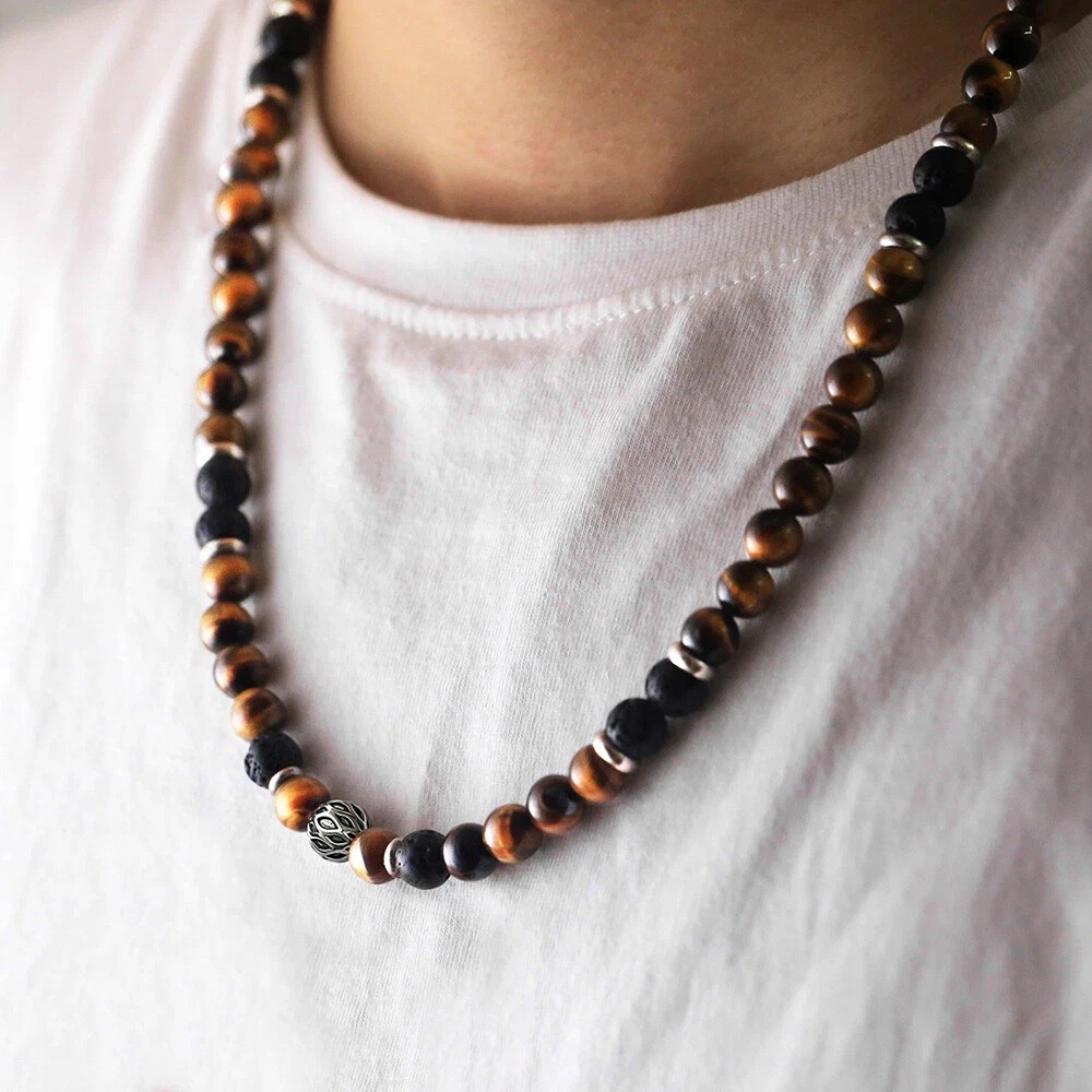 24″ Men’s 8mm Natural Tiger Eye Lava Bead Necklace Stainless Steel Toggle Gift