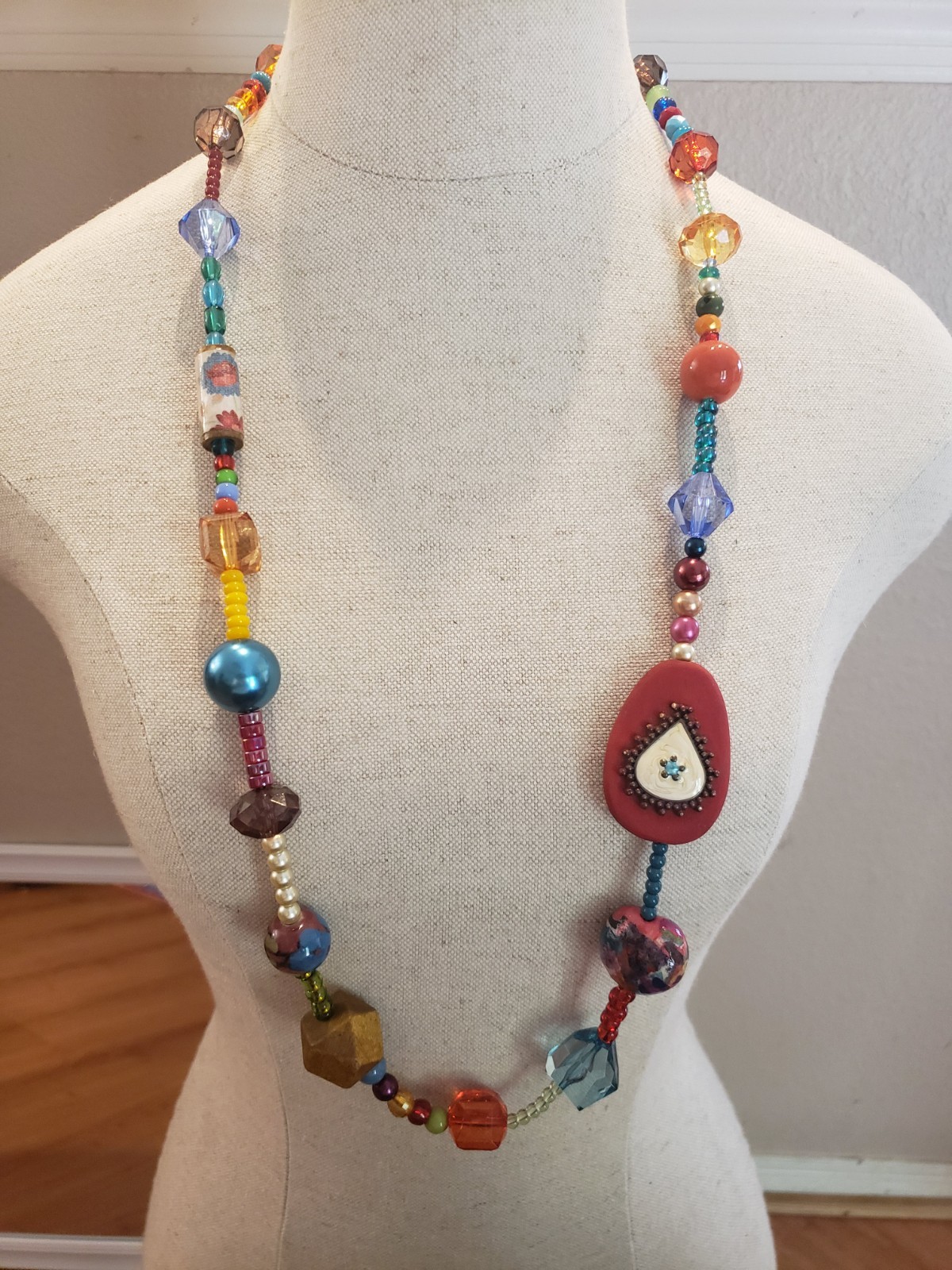 Handmade 36” Long Mixed Media Beaded Necklace Boho Eclectic Gloria Kaye