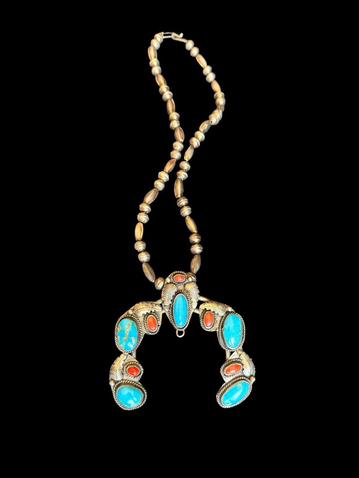Vintage Southwest Sterling Silver Beads W/ Turquoise & Coral Naja Pendant