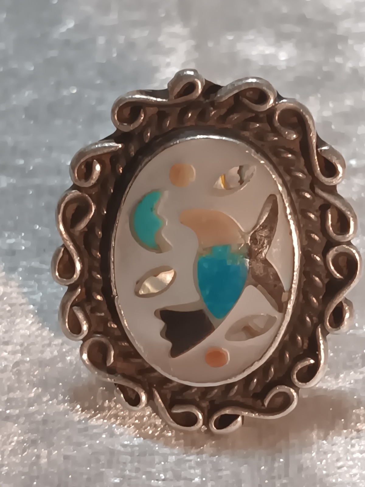 Vint. Zuni Sterling Blue Bird Inlay Mop, Coral, Turquoise, Onyx Ring Signed L