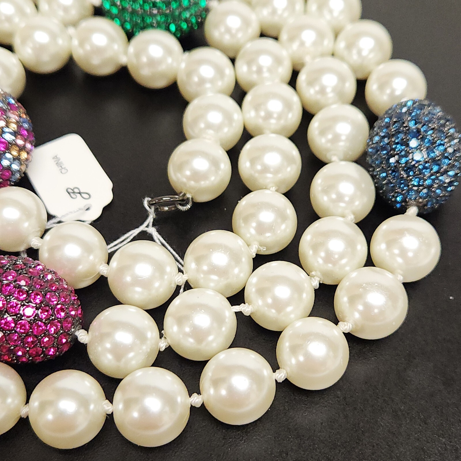 NWT Joan Boyce Faux Pearl Egg Shape Pave Set Rhinestone Spacer Long Necklace 44″
