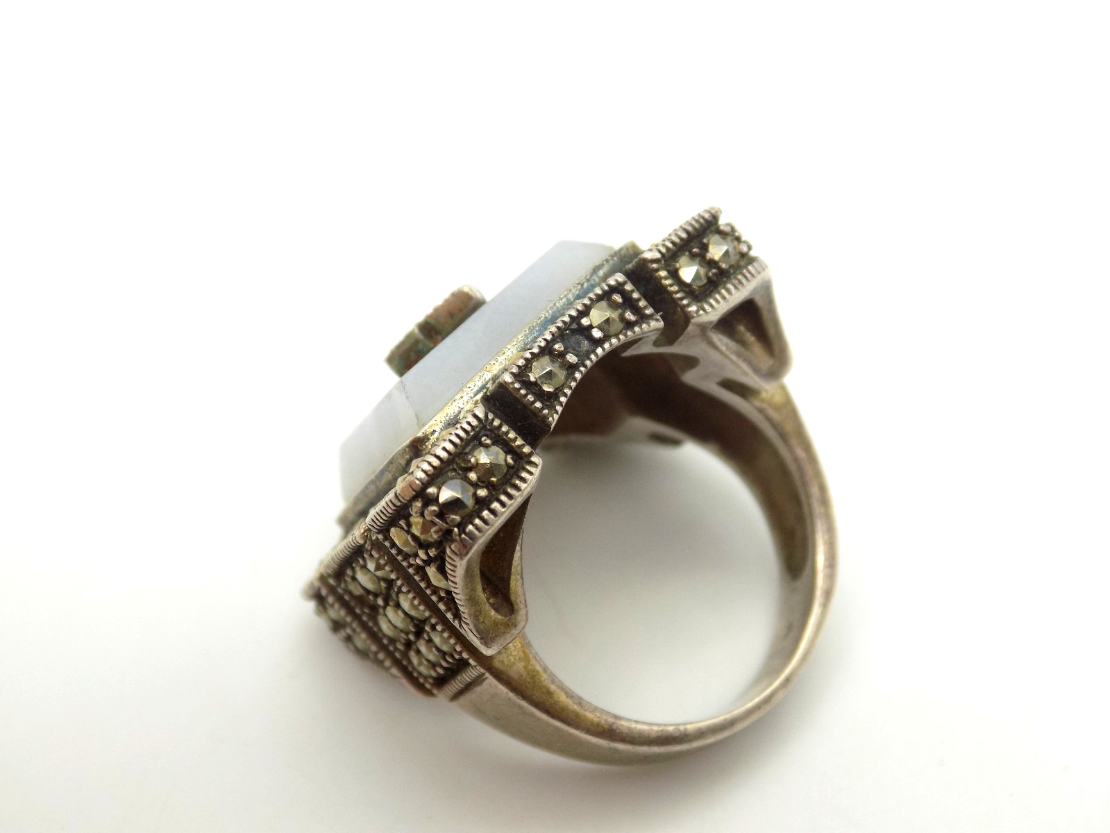 Art Deco Inspired Sterling Silver Blue Lace Agate Marcasite Ring Sz 6 Signed MLD