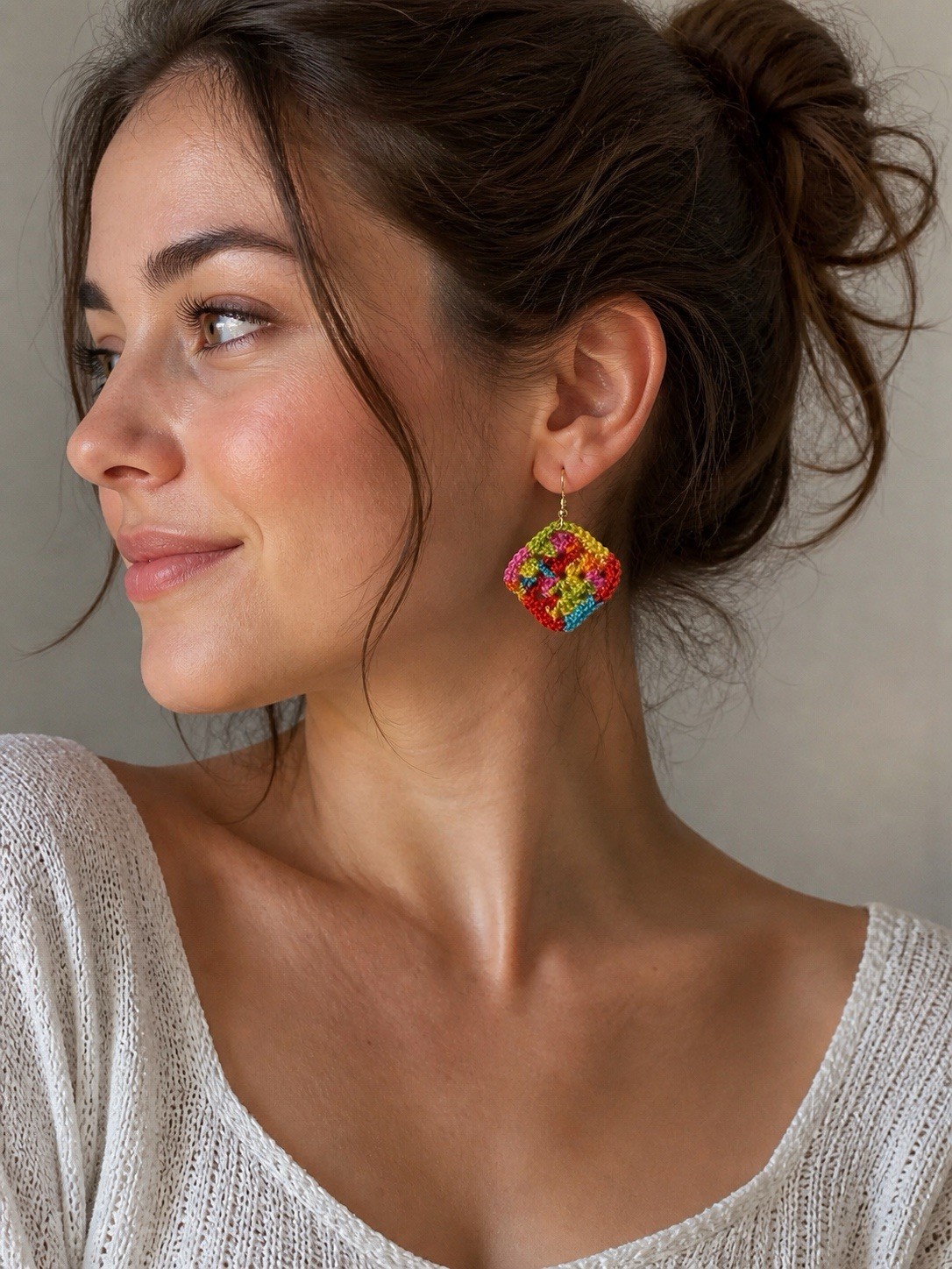 Handmade Crochet Granny Square Earrings Colorful Boho Lightweight Dangle Gift