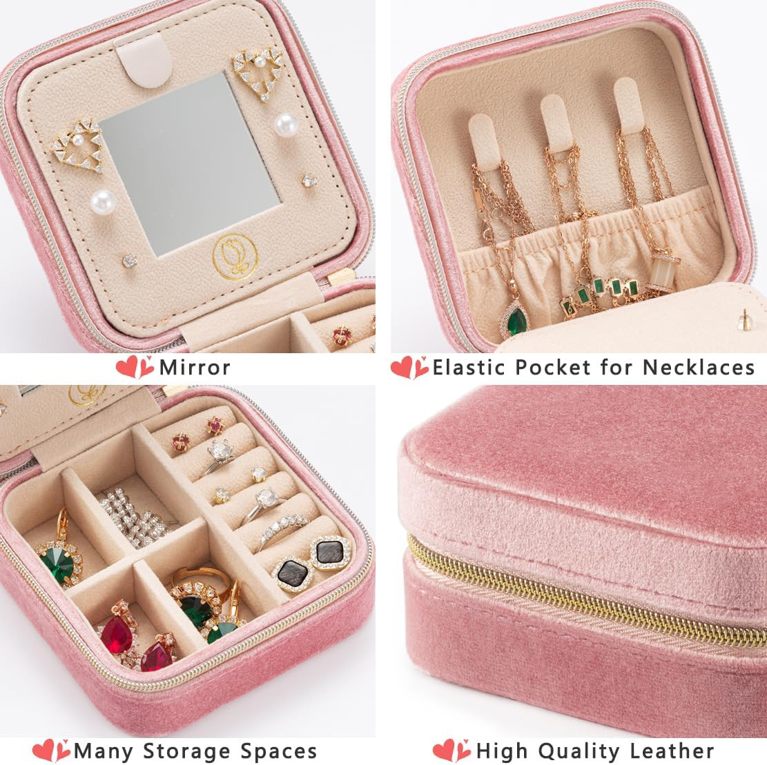 Plush Velvet Jewelry Travel Case, Portable Organizer, Pink