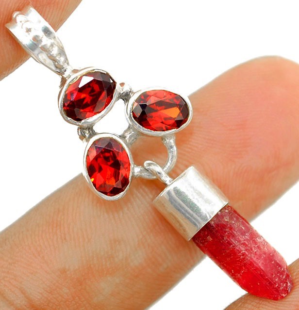 Natrual Rough Pink Tourmaline Aura Quartz 925 Sterling Silver Pendant @B16-8