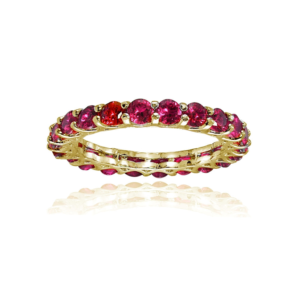Yellow Gold Flashed Silver Created Ruby 3mm Round-cut Eternity Band Ring