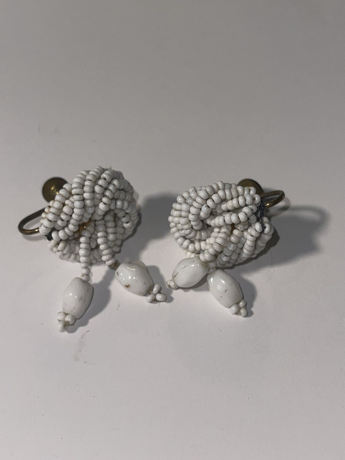 White Handmade Glass Beaded Clip-On Dangle/Drop Earrings for Unisex Adults