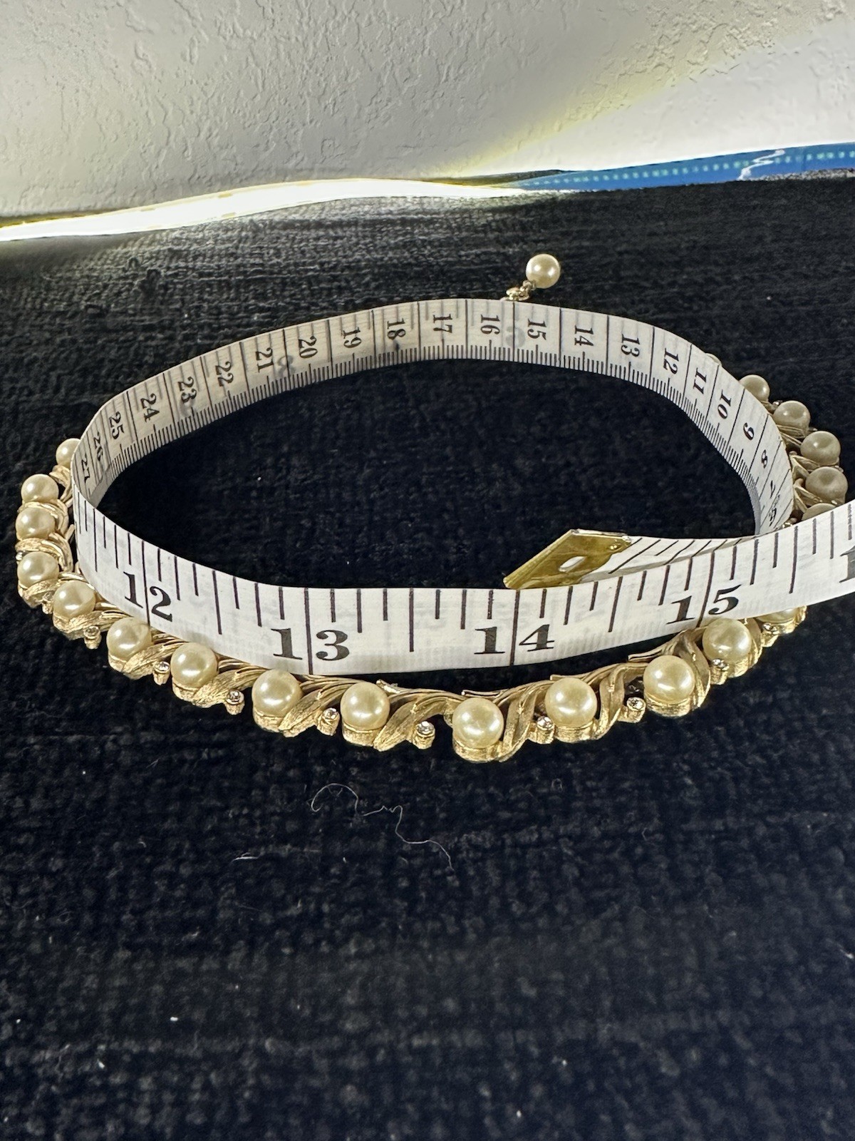 Vintage Crown Trifari Signed brushed Gold Tone Faux Pearl with rhinestone.