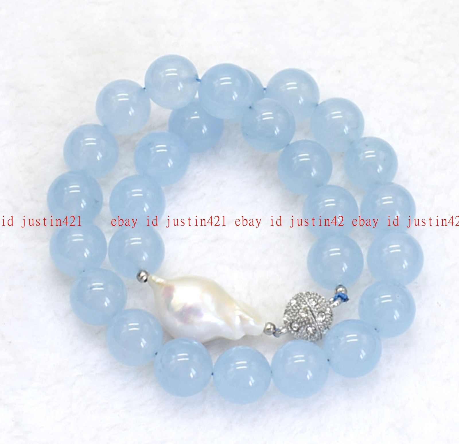 Real Natural Light Blue Jade Round Gemstone White Keshi Baroque Pearl Necklace
