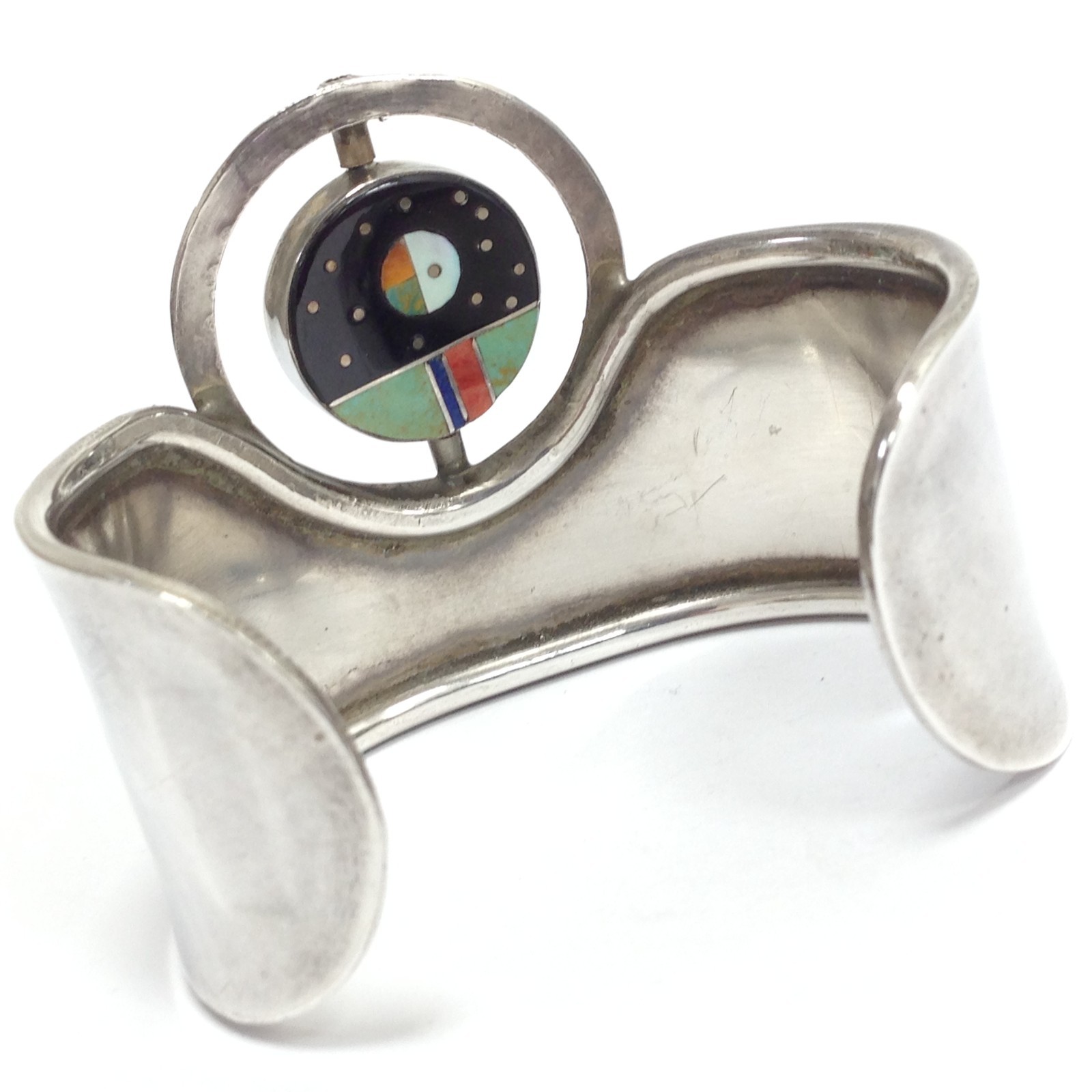 F.J. Henry Signed Storyteller Multi Stone Inlay & Kokopelli Spinner Wide Cuff