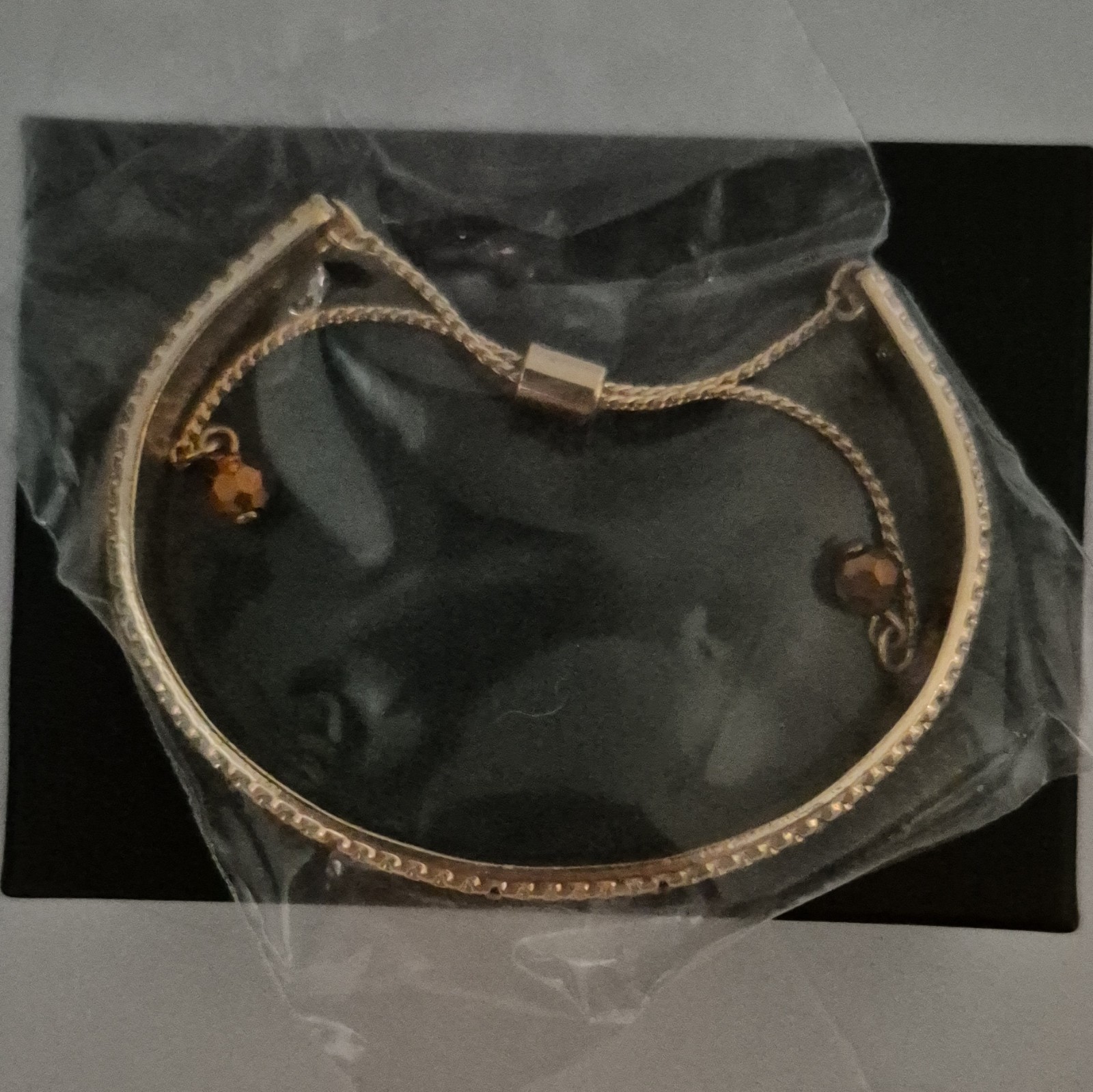 Gold Tone Adjustable Cuff Bangle Bracelet Rope Chain Slide, Round Brown Crystal