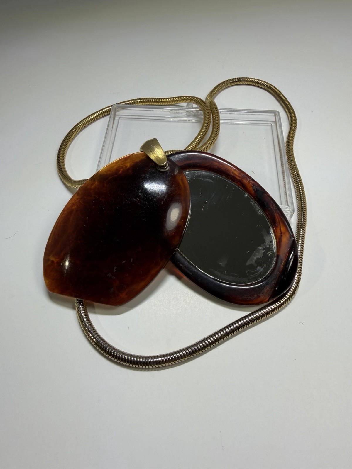 Vintage Tortoise Lucite Compact Mirror H&S Originals Gold Tone Snake Necklace