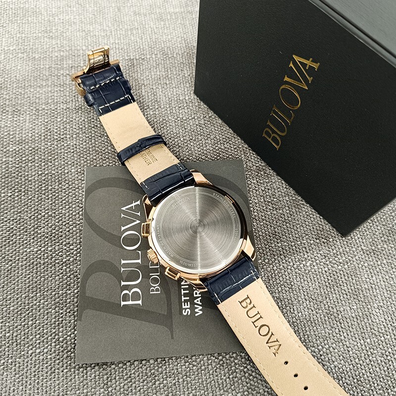 Bulova Wilton Men’s Blue Dial Croco Pattern Leather 97B170 Quartz Watch 46.5mm