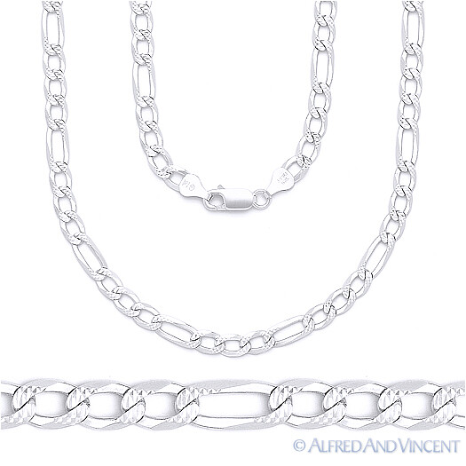4mm Figaro Link Chain Diamond-Cut Pave Necklace Solid .925 Italy Sterling Silver