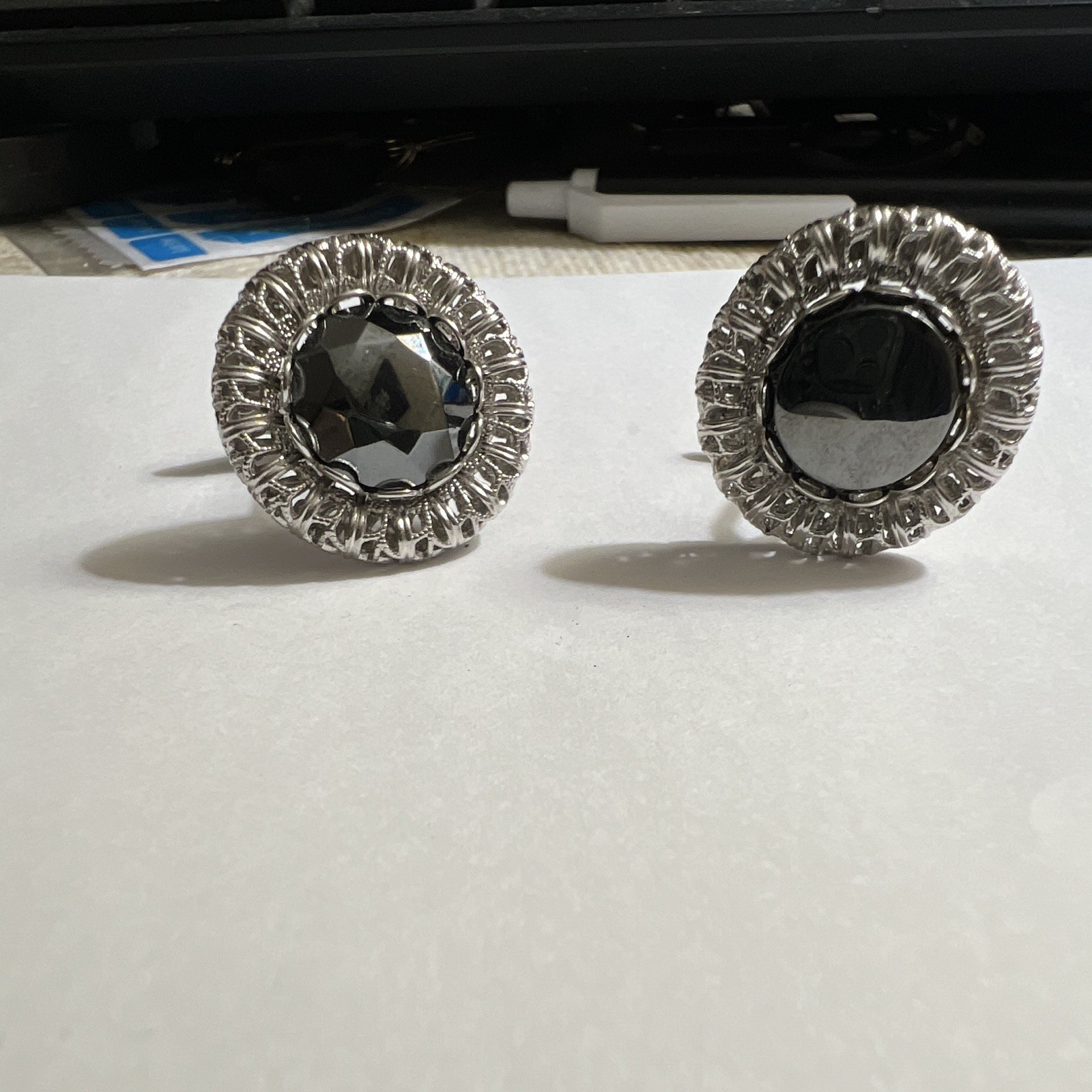 Silver Tone Round Hematite Black Stone Cufflinks for Men, Metal & Stone
