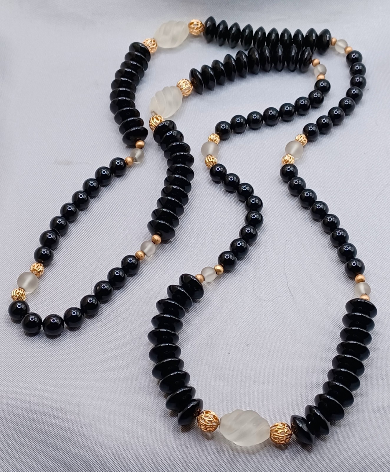Black Glass Beaded Necklace Gold Tone Filigree & Frosted Glass Accents 38.5″