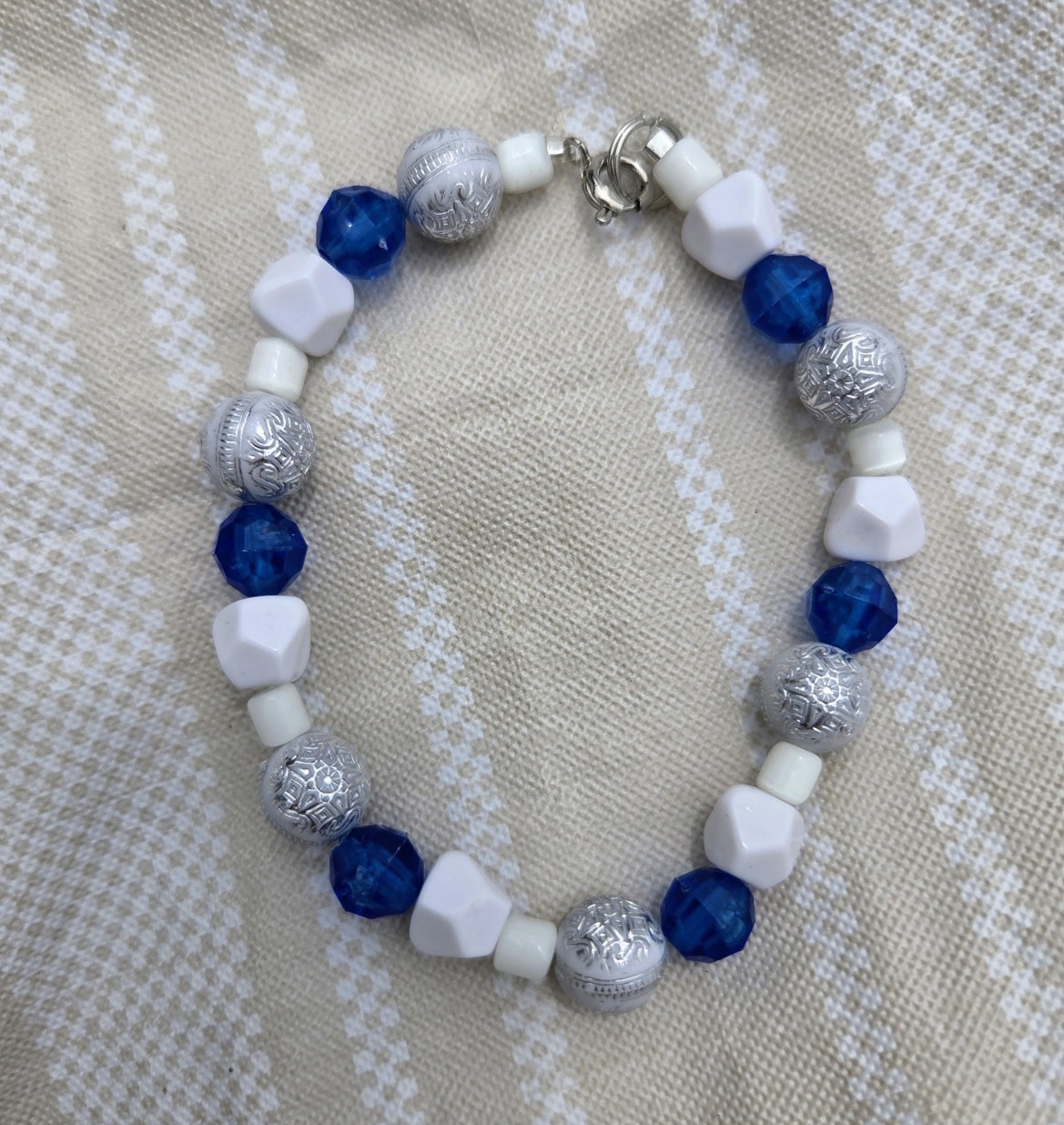 Blue White Silver Tone Round Beaded Bracelet Bead Chain Style Lobster Clasp
