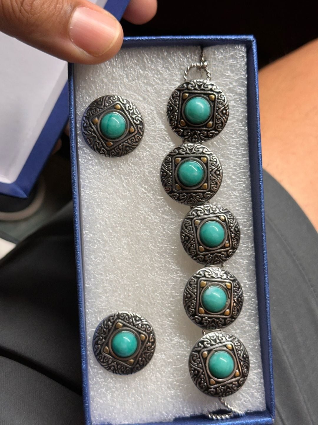 Vintage Sarah Coventry Silver-Tone Faux Turquoise Link Bracelet and Clip-On Earr