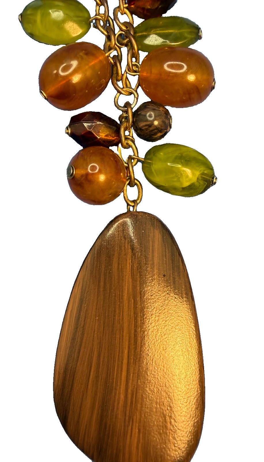 Vtg Style Gold Tone Wood Grain Teardrop Pendant Green and Brown Beaded Necklace