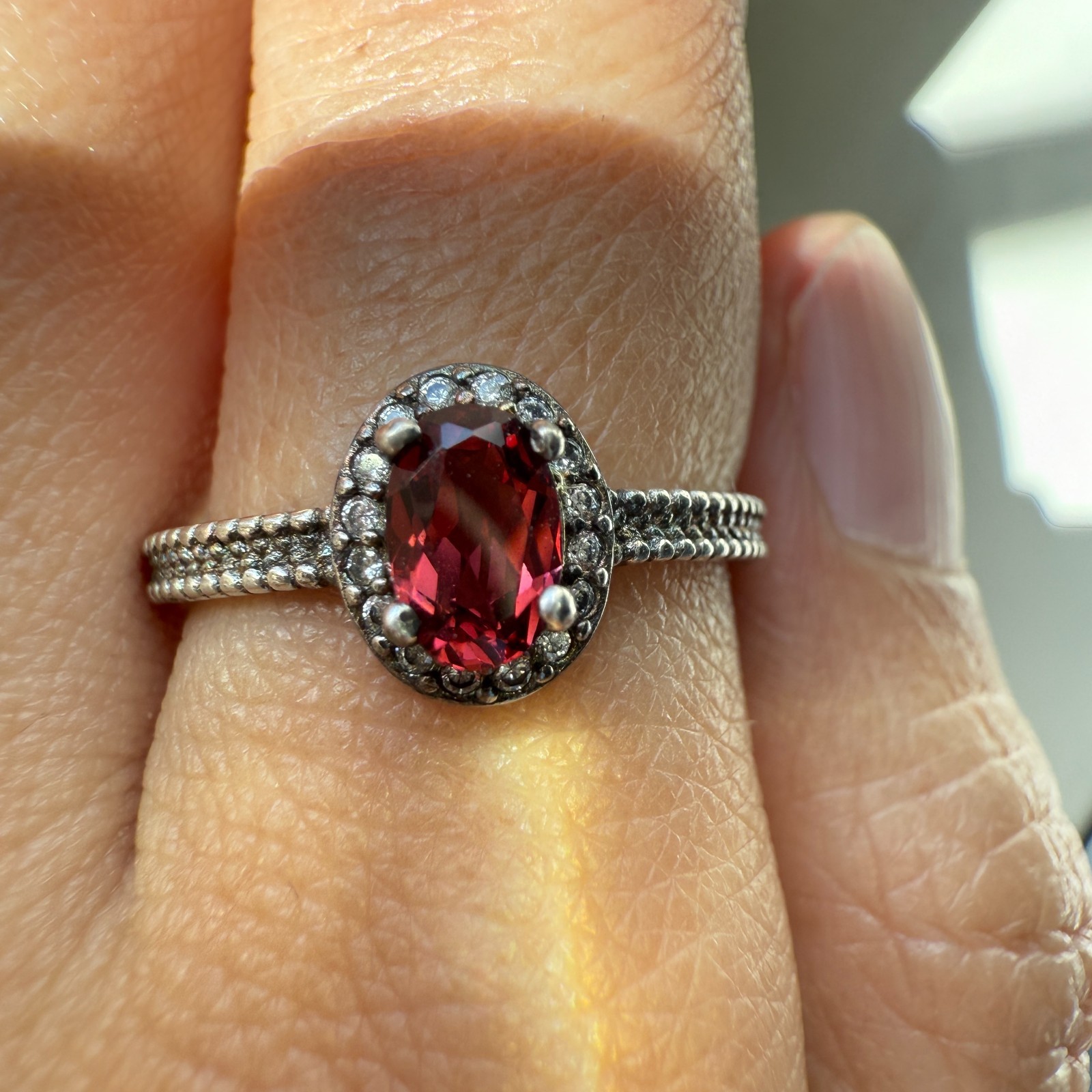 925 Sterling Silver Ring 6x4mm Natural Rhodolite Garnet Zircon Flower Red Gift