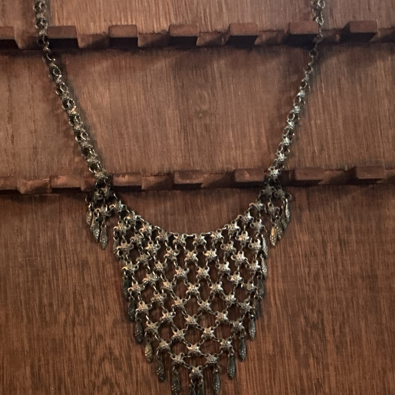 Silver Tone Bib Statement Link Chain Necklace Asymmetrical Pendant Adjustable