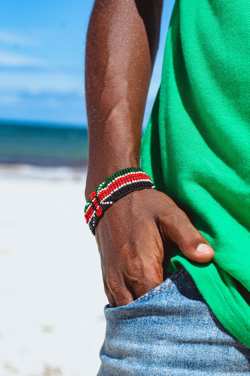 Wrist Band Bracelet Maasai Masai Beaded Kenyan Flag with Elastic Men Size 8″