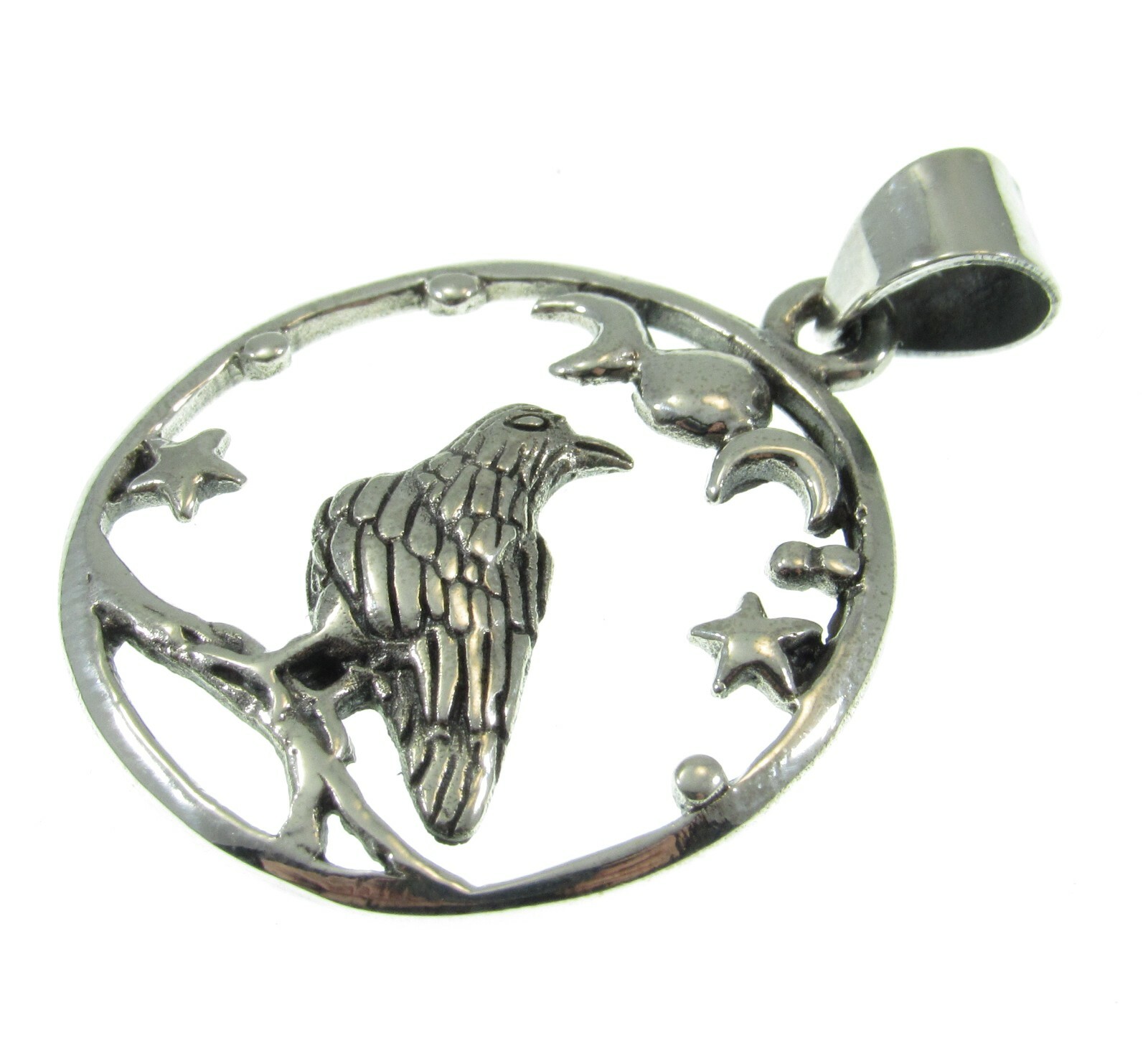 Handcrafted Solid 925 Sterling Silver Raven Triple Moon & Stars Pendant