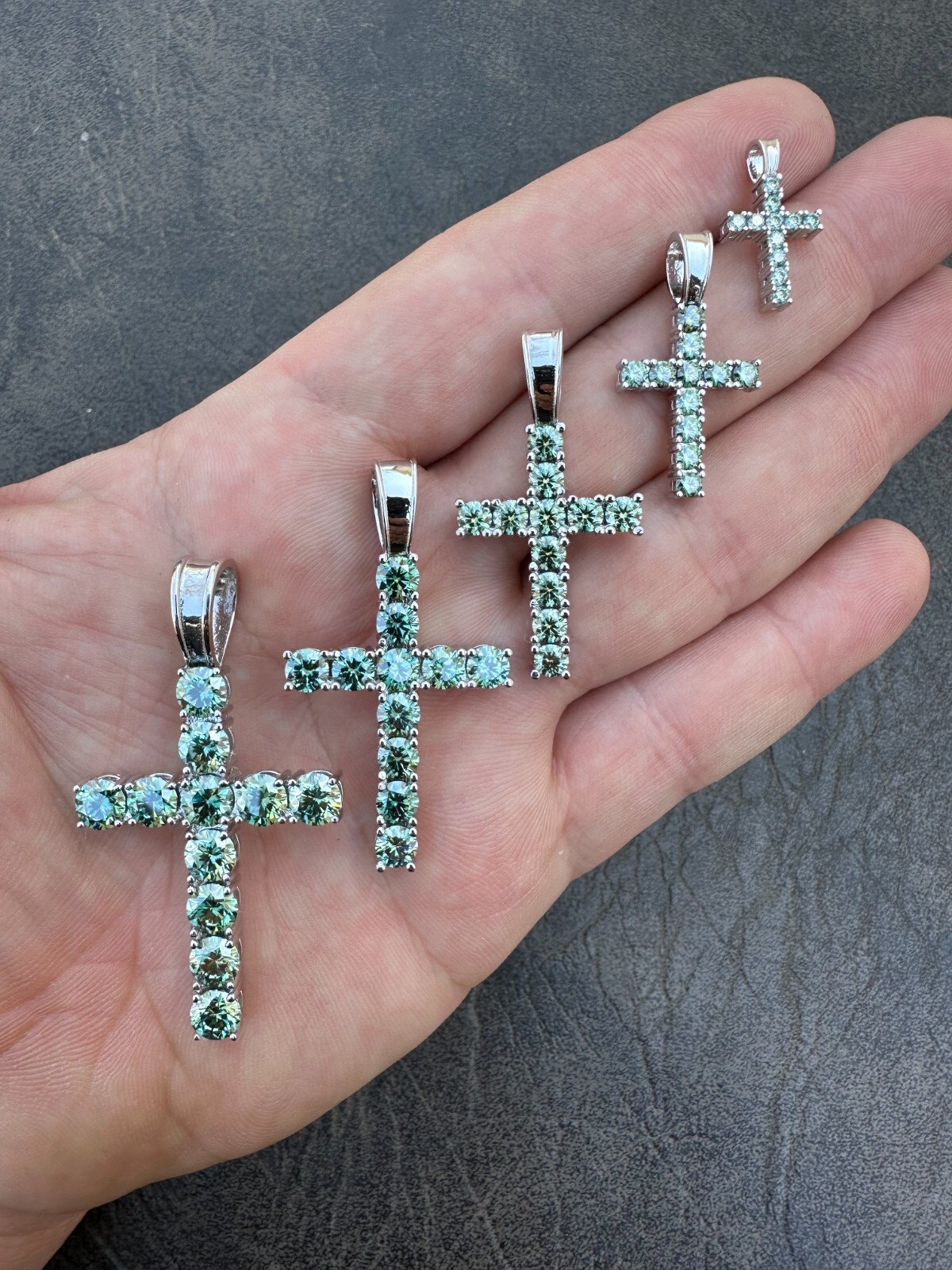 Green Blue MOISSANITE Real 925 Silver Tennis Cross Iced Pendant Necklace Hip Hop