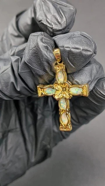 Women’s 2.00Ct Oval Cut Natural Fire Opal Cross Pendant 14K Yellow Gold Plated