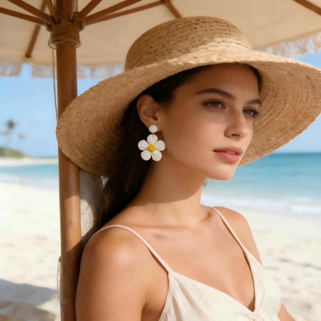 Rattan Flower Drop Earrings Raffia Straw Dangle Beach Jewelry Women