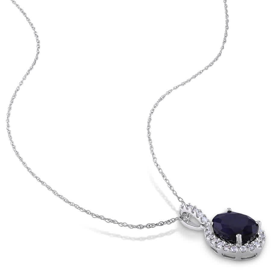 AMOUR Oval Diffused Sapphire and 1/4 CT TW Diamond Halo Pendant with Chain In