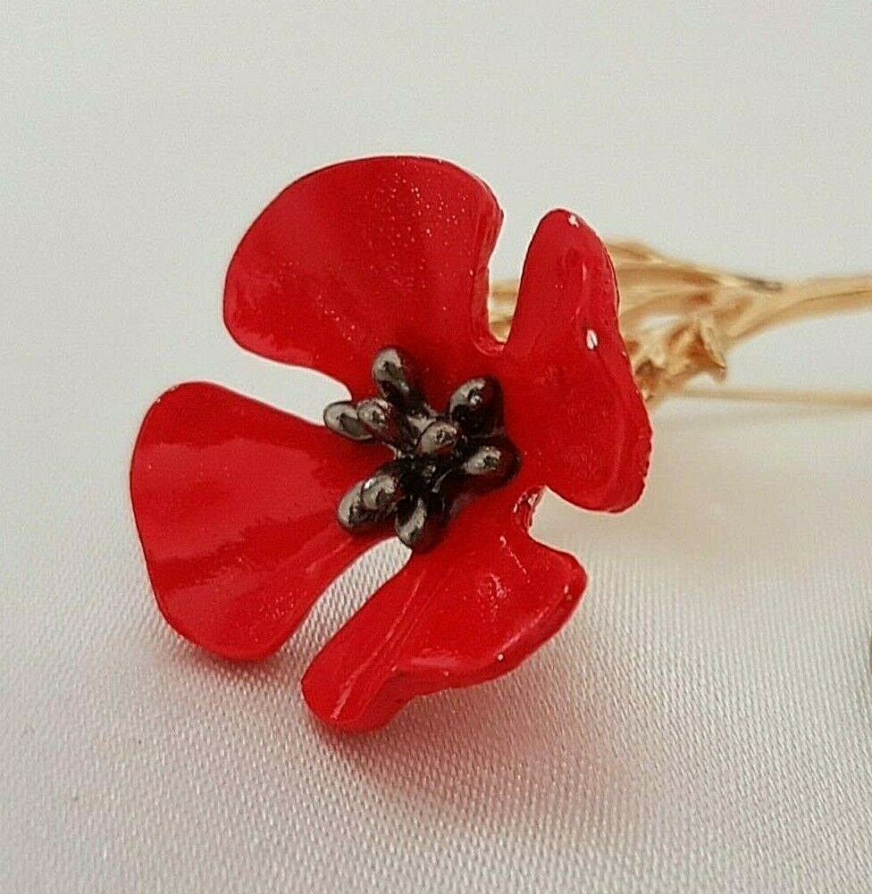 Enamel Red Poppy on Gold Stem Approx 75mm x 30mm By CassysJules