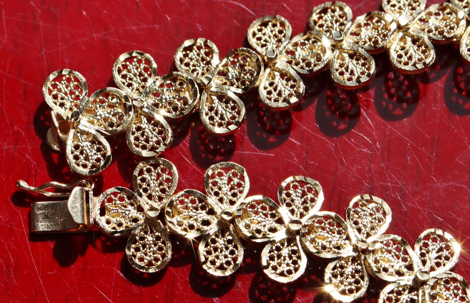 14k yellow gold bracelet 7.25″ diamond cut flower link chain handmade 15.7g N307