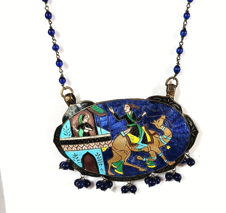 Antique Indian Mughal Camel Rider Enamel Necklace Cobalt Blue Glass Beaded Chain