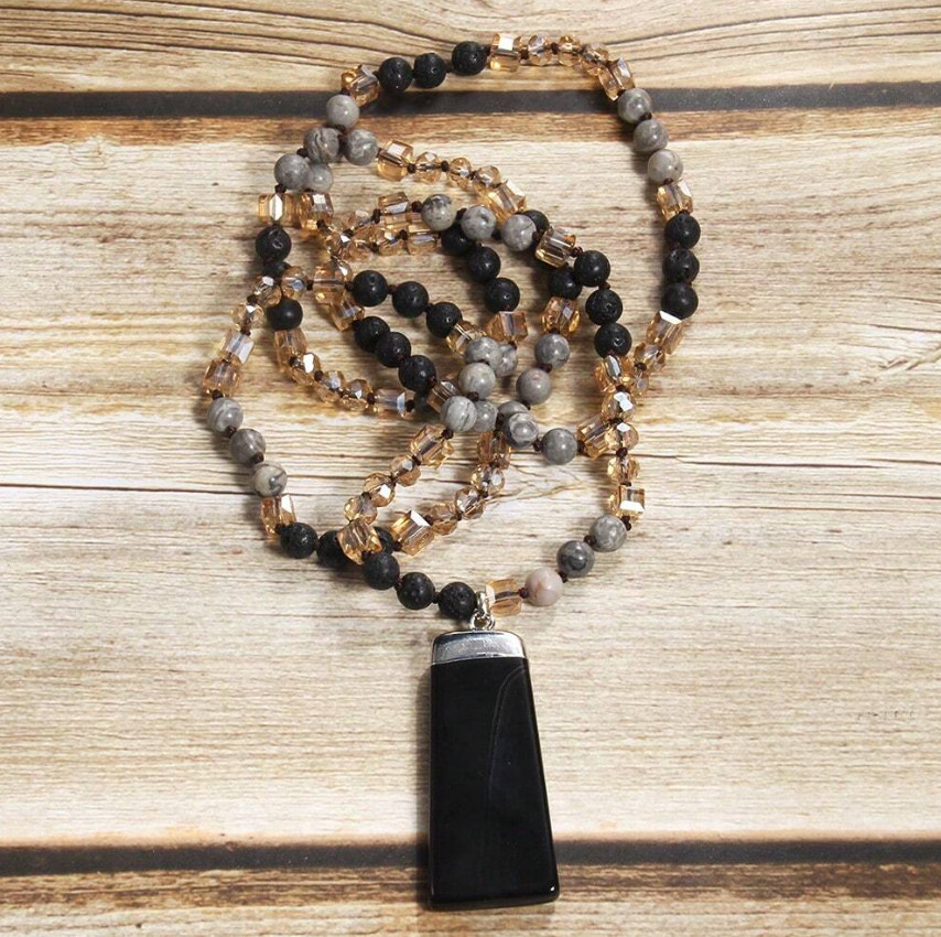 Natural Lava Stone & Jasper Beaded Necklace with Banded Agate Pendant 19″ *NEW*