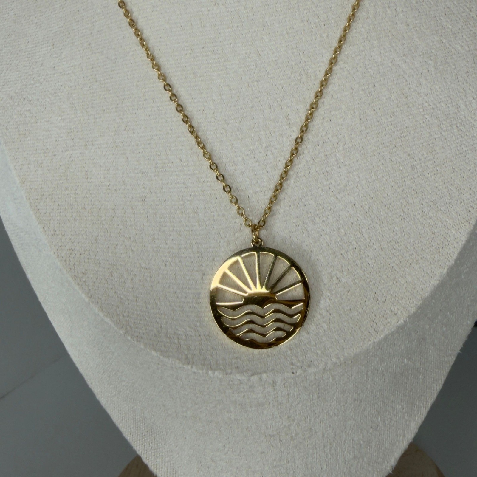 Gold Tone Sun and Wave Circle Pendant Necklace Minimalist Beach Jewelry 17 Inch
