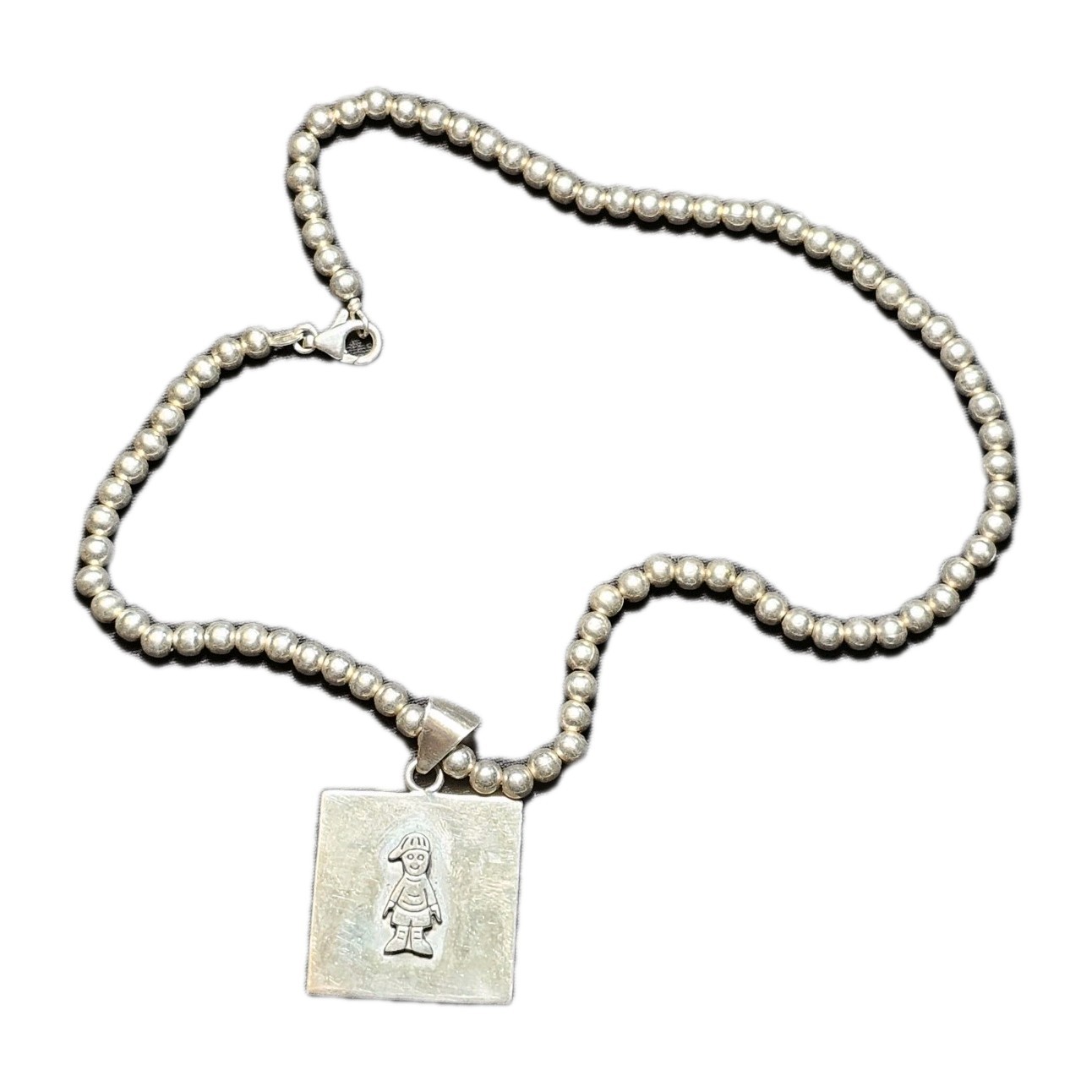 Italian Beaded Chain Little Boy Child Square Necklace & Pendant Silver .925 Y2k