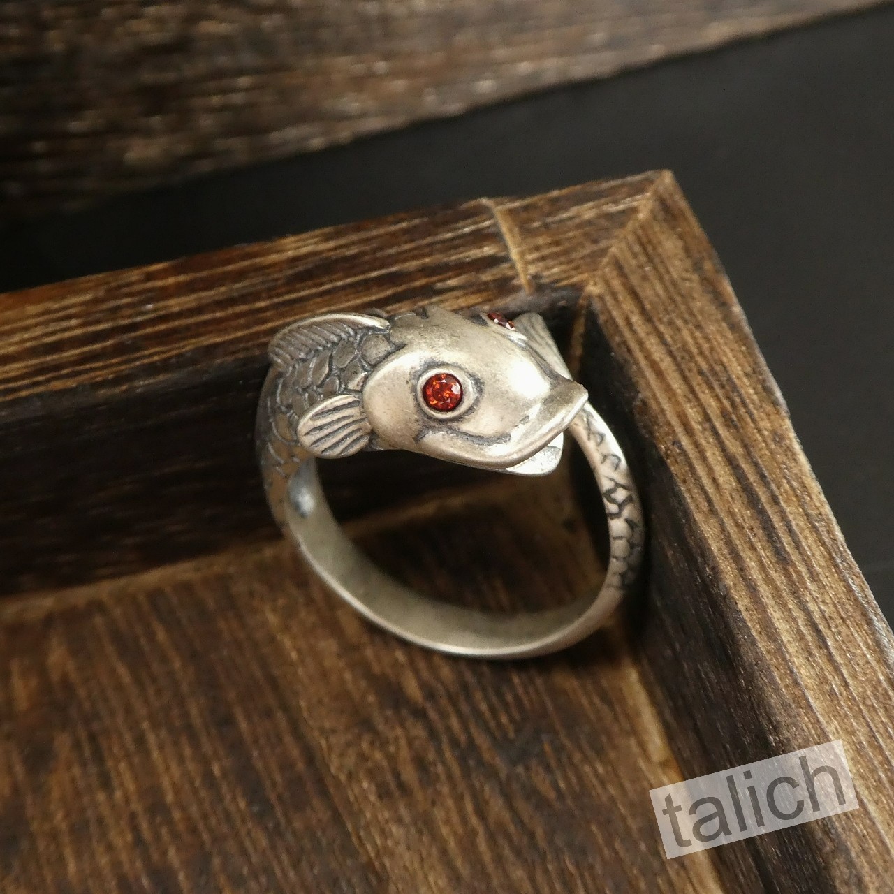 Antiqued 925 Sterling Silver Lucky Koi Fish Ring Red CZ Eyes Adjustable Unique