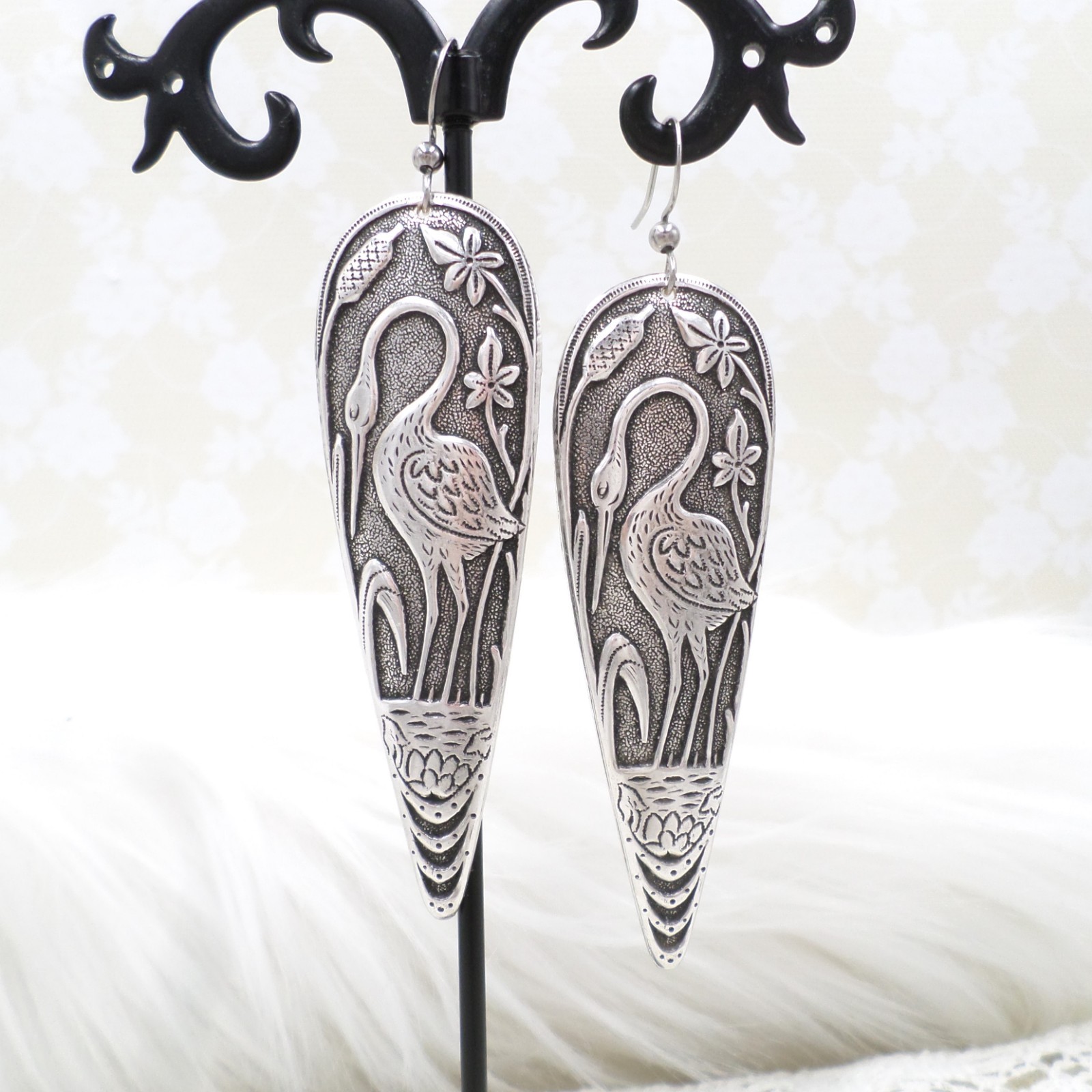 Antique Silver Plated Crane Statement Earrings, Heron Jewelry Gift For Women