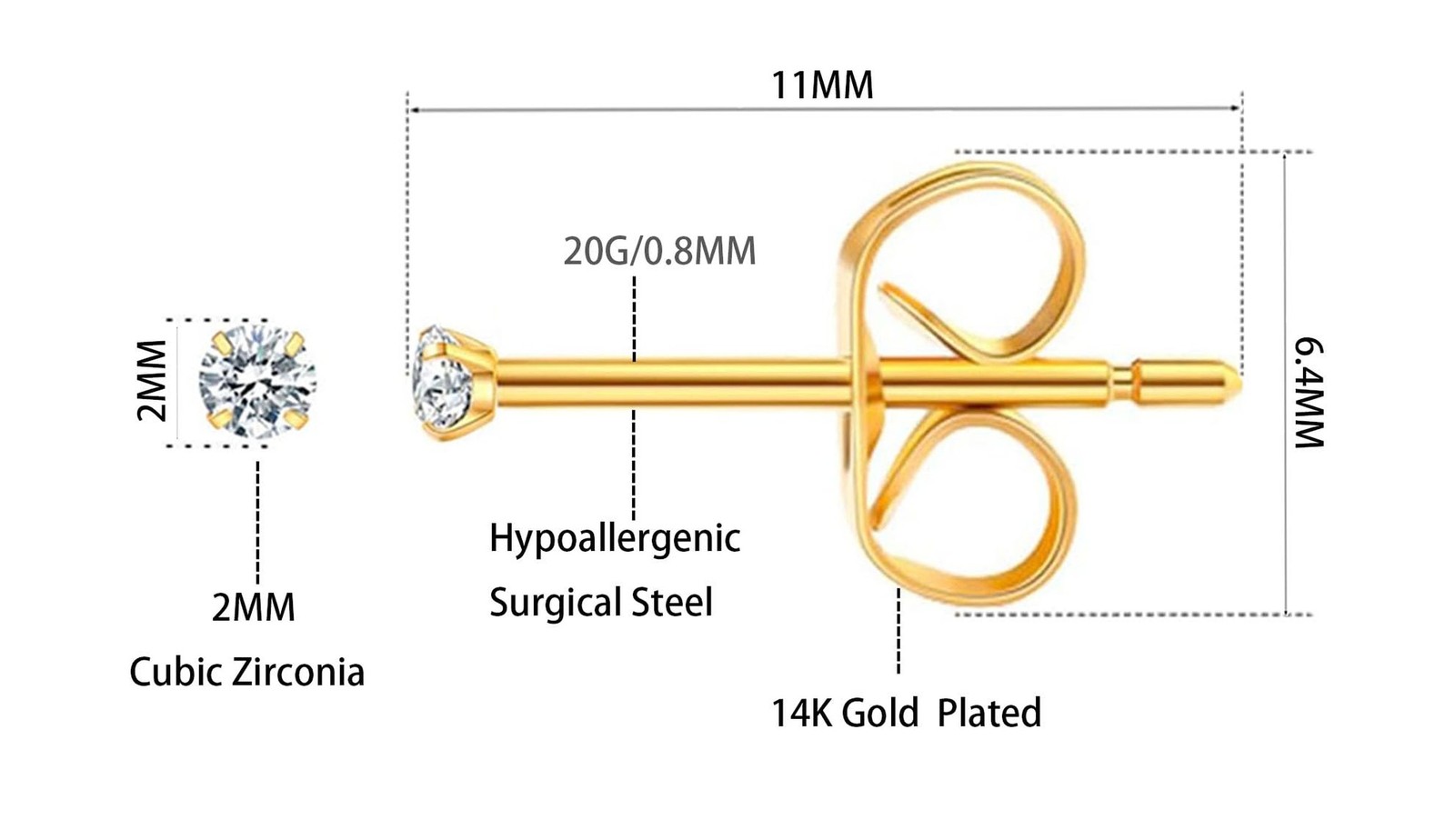 10 Pairs 2MM Surgical Steel Small Stud Earrings, Hypoallergenic 14K Gold Plat…
