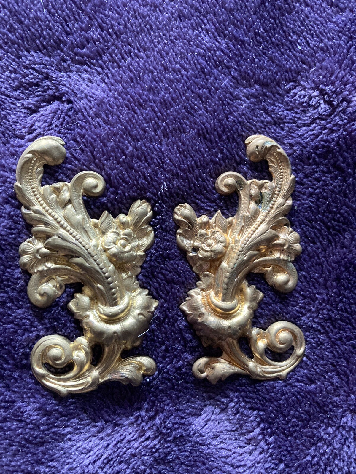 Pair Fancy Floral Ormolu Brass Embellishment Stampings Left & Right 2 1/2”