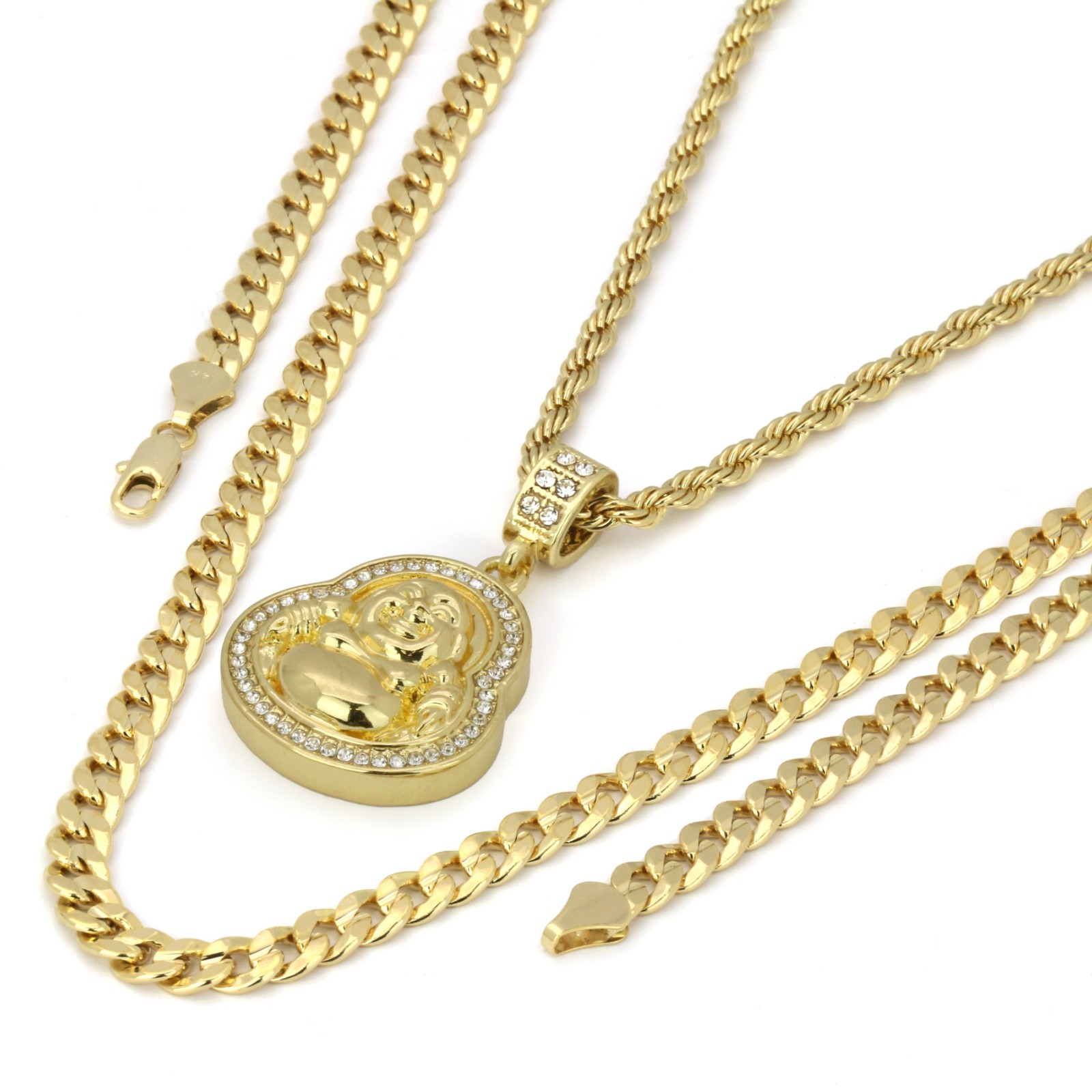 Men 14k Gold Plated Buddha Pendant Cubic-Zirconia 24″ Rope & 30″ Cuban Chain