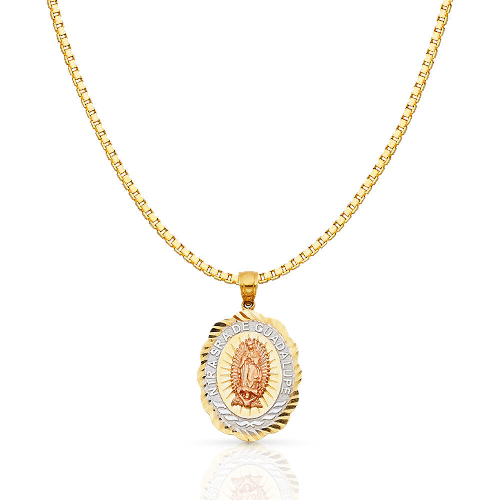 14K Tri Color Gold Religious Guadalupe Charm Pendant & 1.2mm Box Chain Necklace