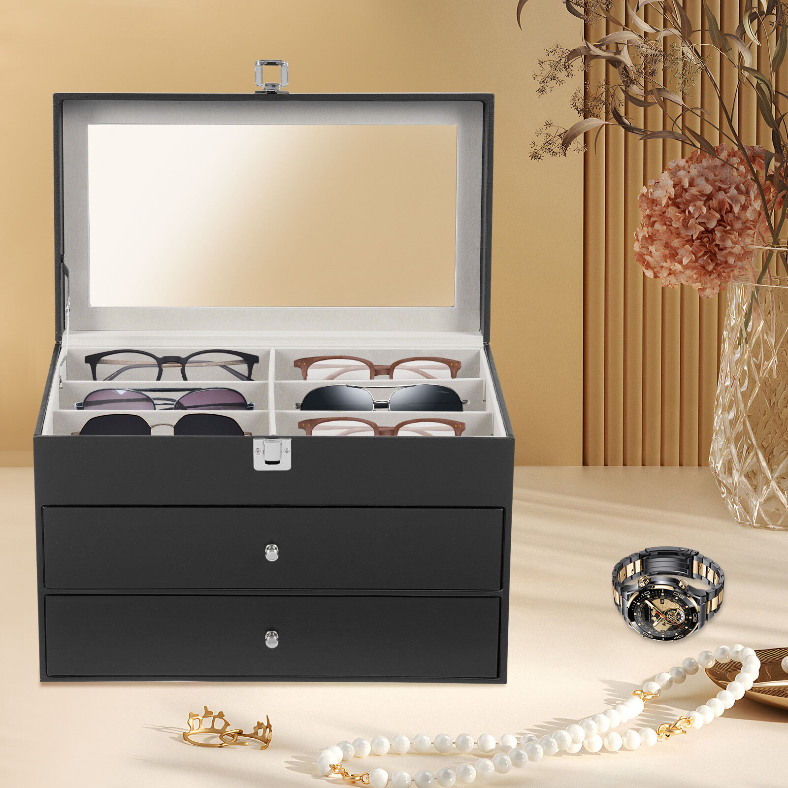 Sunglasses Case Watch Box Watch Case Jewelry Box and 12 Eyeglasses Storage