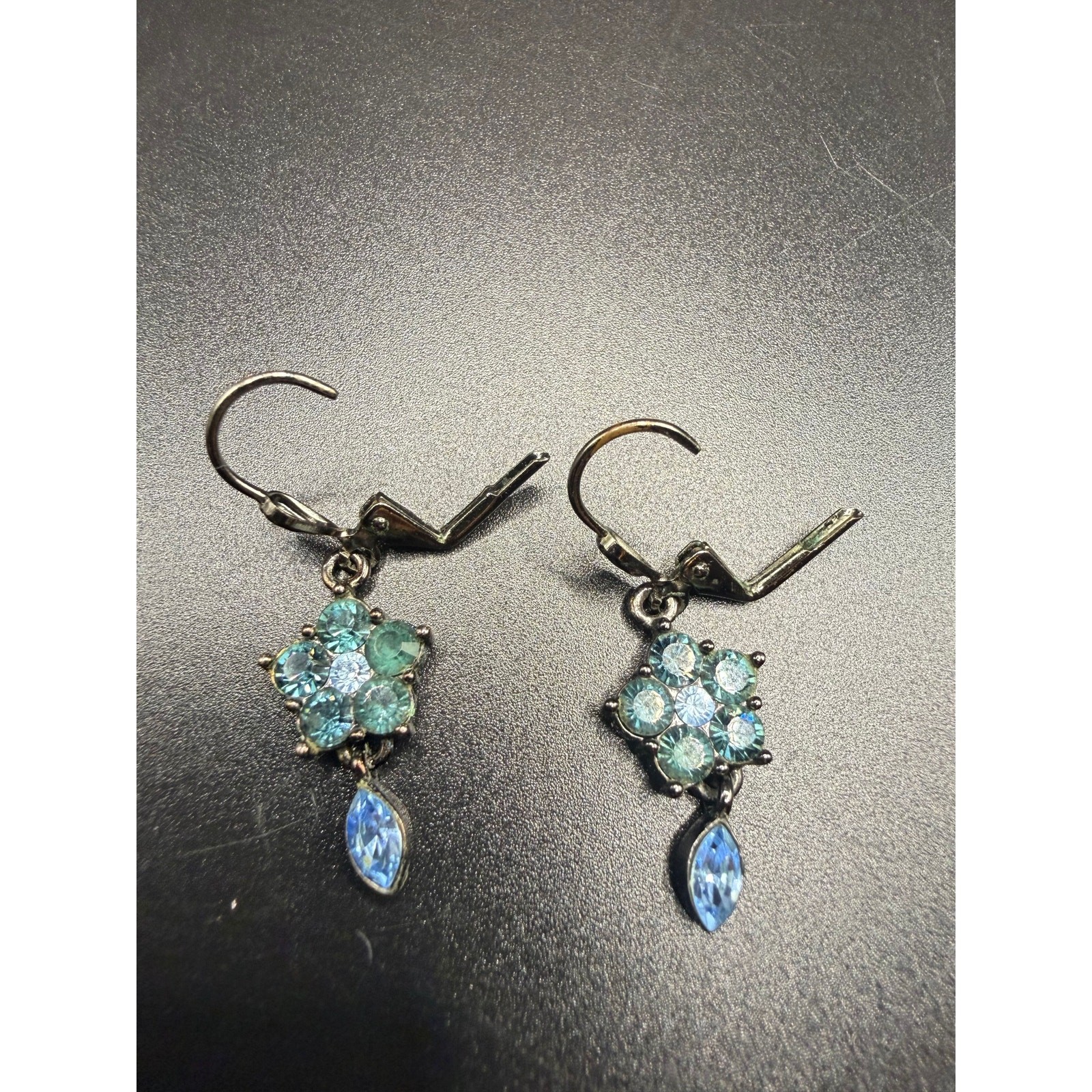 Vintage Givenchy blue rhinestone flower drop earrings dark silver-tone finish