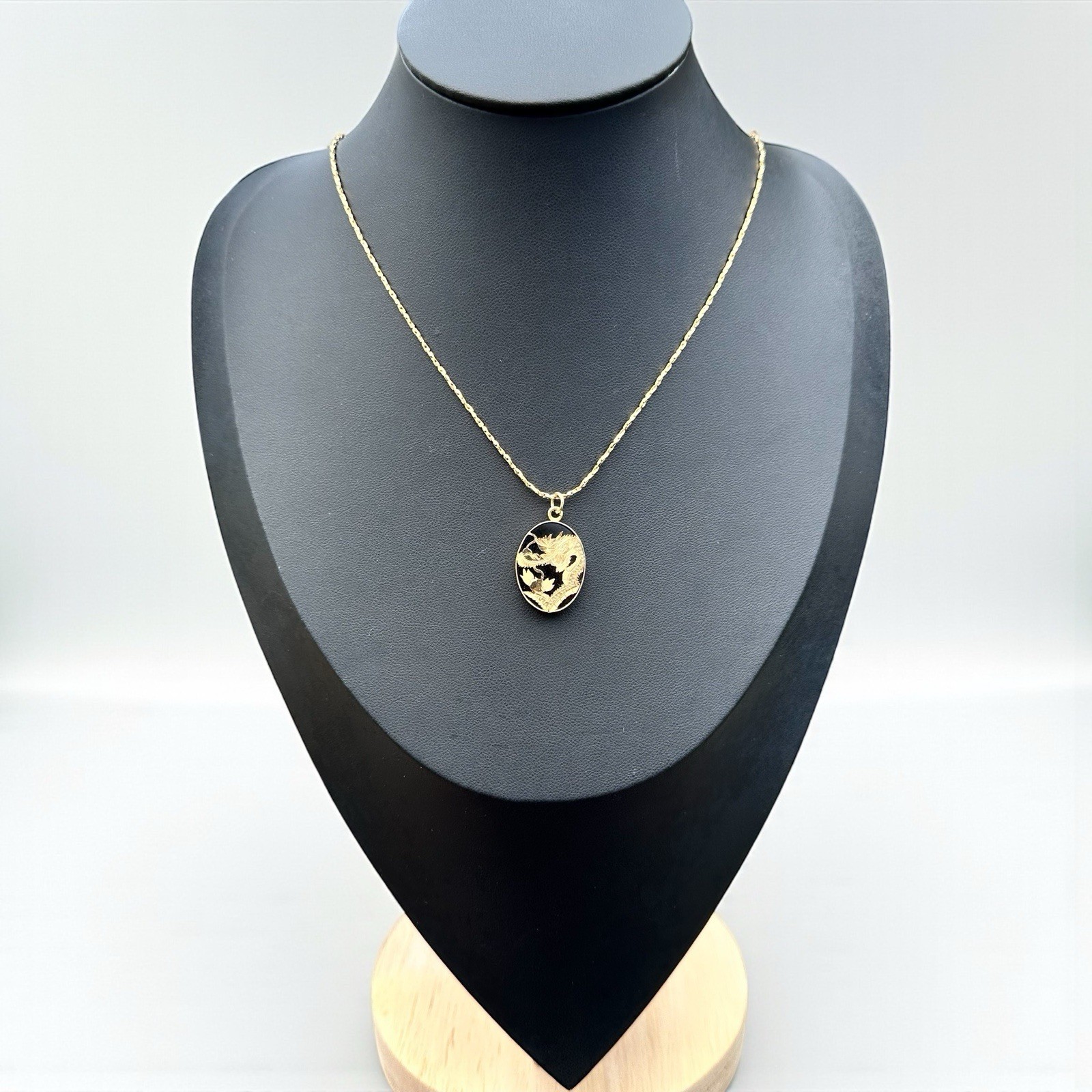Chinese Export Gold Dragon 24k Plated Necklace Black Glass Relief Vintage 22”
