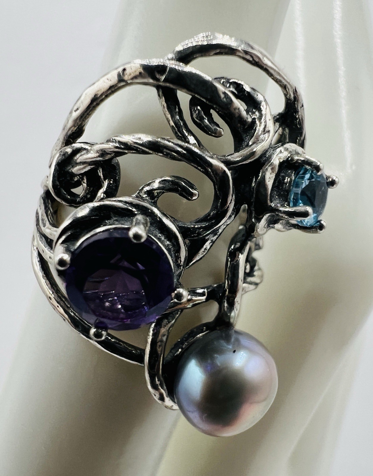 PZ Paz Creations Sterling Silver Pearl Amethyst Topaz Brutalist Split Shank Ring